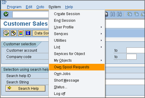 Own Spool Requests in SAP system System Menu